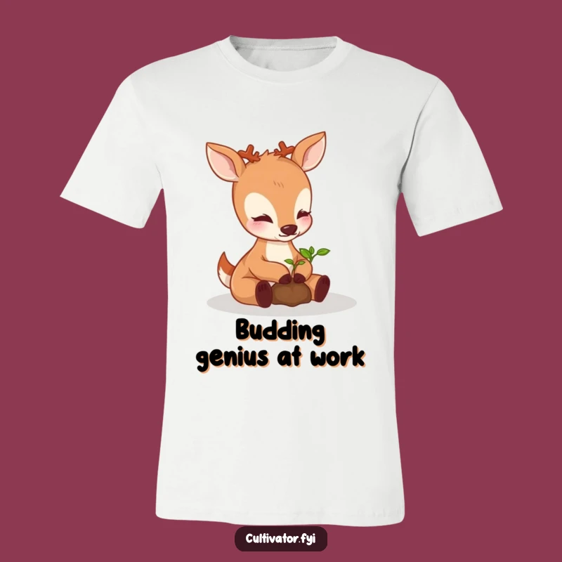 Funny Perky Deer Nurturing Seedling T-Shirt - Whimsical Forest Apparel