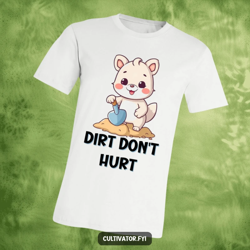 Funny t-shirt depicting a cheerful animal character joyfully using a small trowel to tend the soil, celebrating outdoor fun.