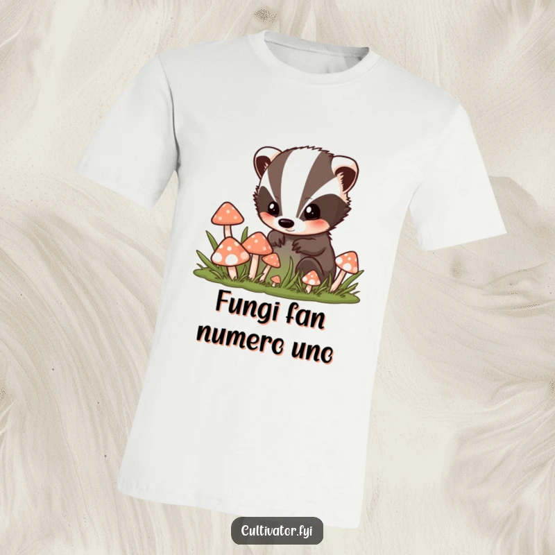 Funny t-shirt depicting a curious badger character with wide eyes peering intently into a lush patch filled with various types of mushrooms.