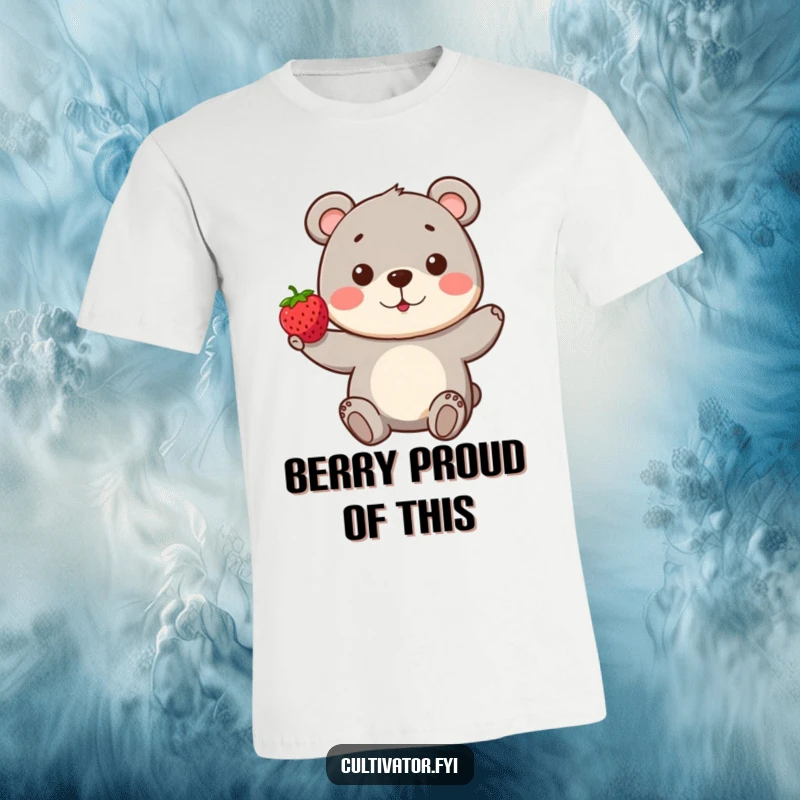 Funny Bear T-Shirt: A playful bear proudly presents a single, perfect berry, radiating happiness and a hint of mischief.
