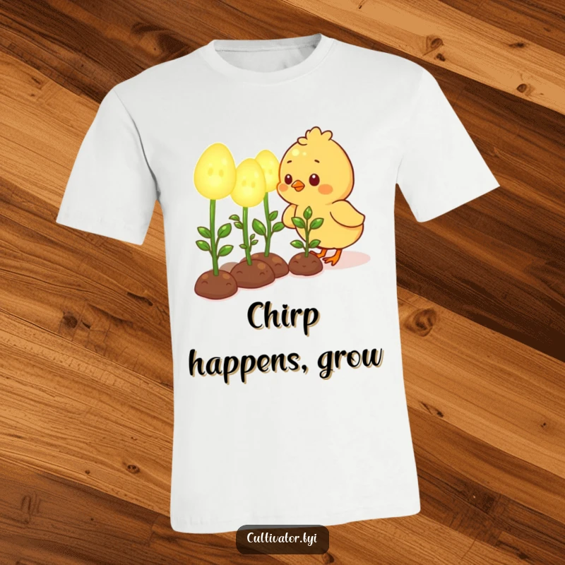 Funny t-shirt featuring a cute chick character joyfully tending to large, luminous seedlings, celebrating gardening magic.