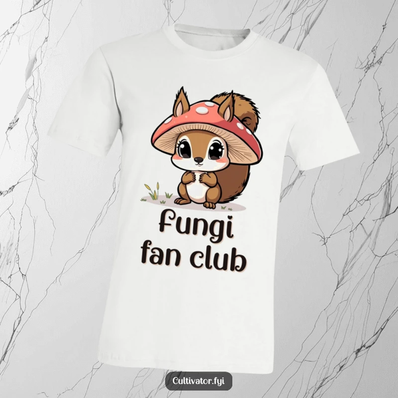 Funny t-shirt, curious squirrel examining a large mushroom cap with wide eyes, humorous nature apparel.