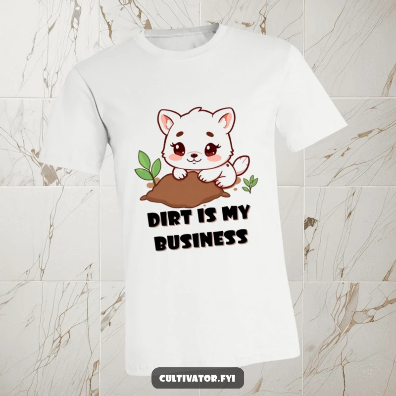 Funny T-Shirt showing a determined animal character enthusiastically digging in the soil with happy paws, embodying active joy.