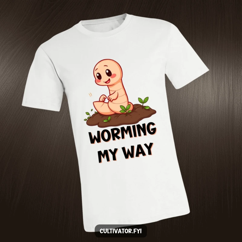 Funny earthworm t-shirt depicting a diligent worm rapidly tilling a patch of soil, emphasizing speed and focus.