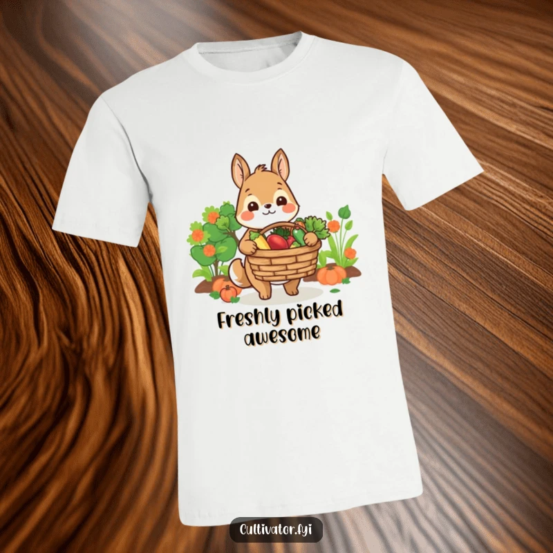 Funny t-shirt depicting a smiling animal character holding a basket full of fresh produce, celebrating farm-to-table happiness.