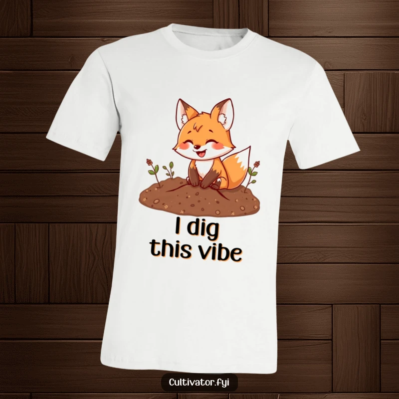 Funny fox t-shirt featuring a delighted fox with a huge grin, enthusiastically digging in the earth, embodying playful gardening fun.