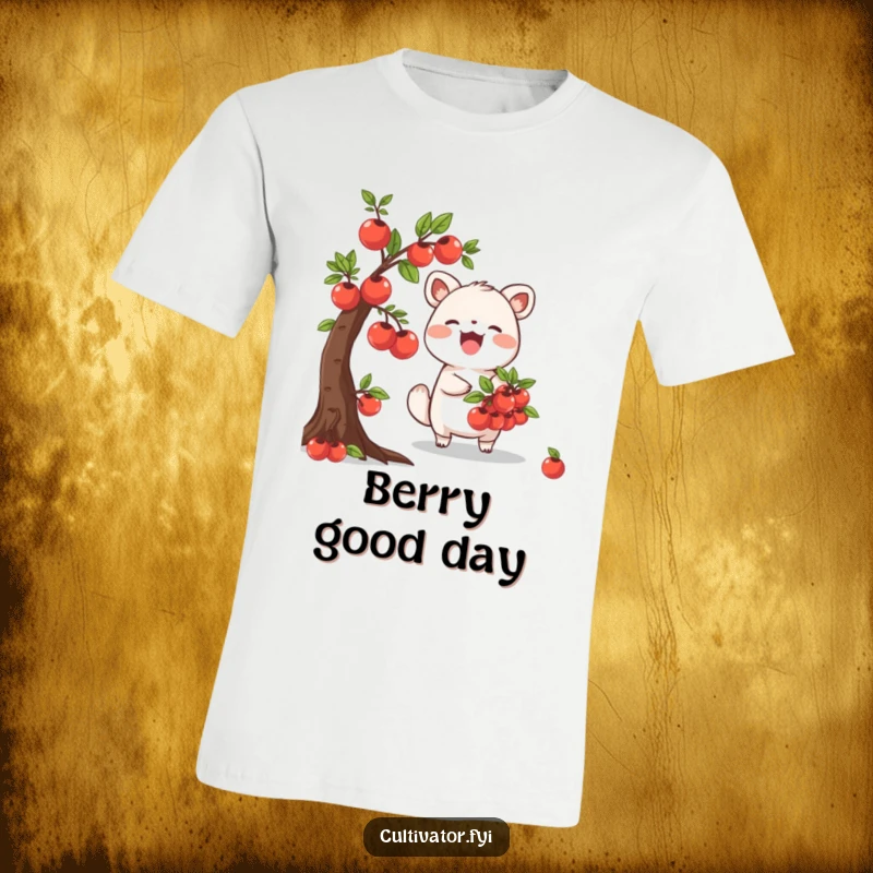Funny T-Shirt showing a happy animal character with a basket, picking ripe fruits from a tiny tree, embodying the joy of harvest.