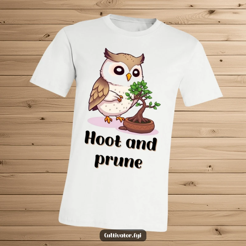 Funny Owl T-Shirt: Energetic owl meticulously shaping a small bonsai tree, a symbol of focus and humor.