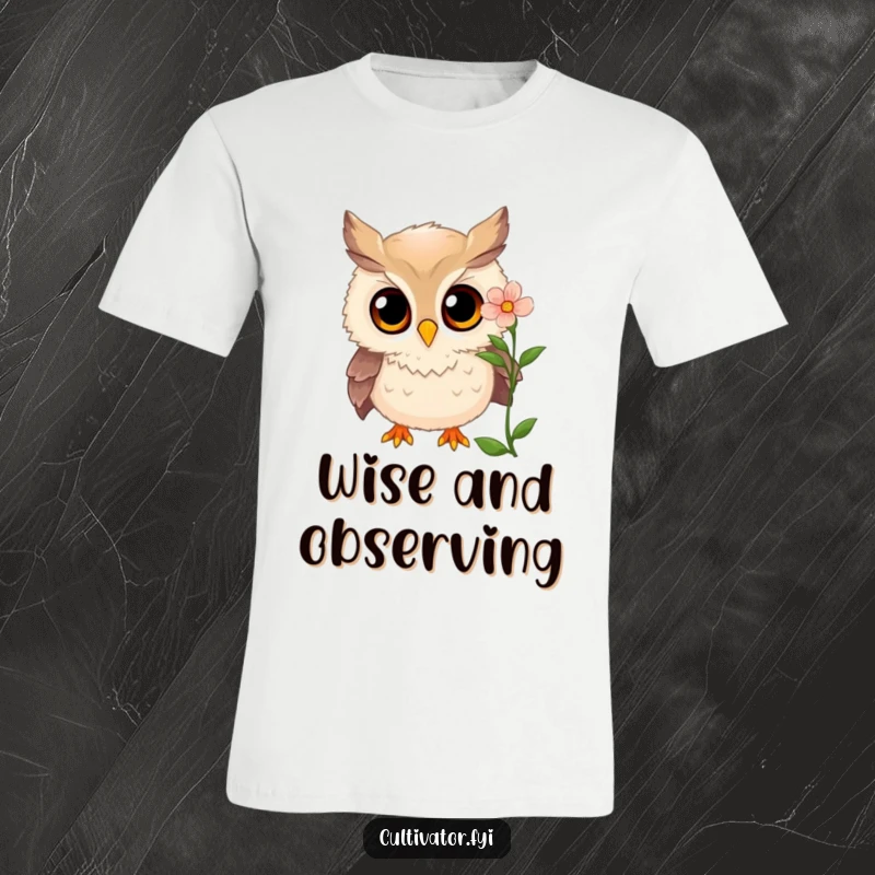 Funny owl t-shirt featuring a curious owl examining a blooming flower with wide, amazed eyes, a great funny gift.