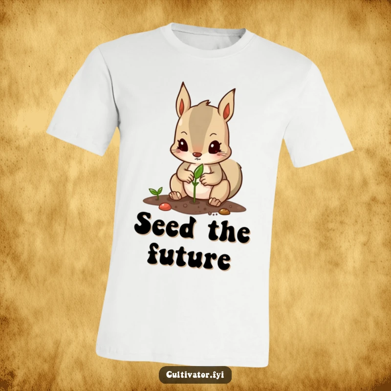 Funny t-shirt of a determined squirrel character carefully planting a single seed with its small, nimble paws.