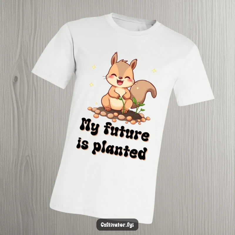 Funny T-shirt showcasing a joyful squirrel character with a funny grin, busy planting sparkling seeds in a humorous garden scene.