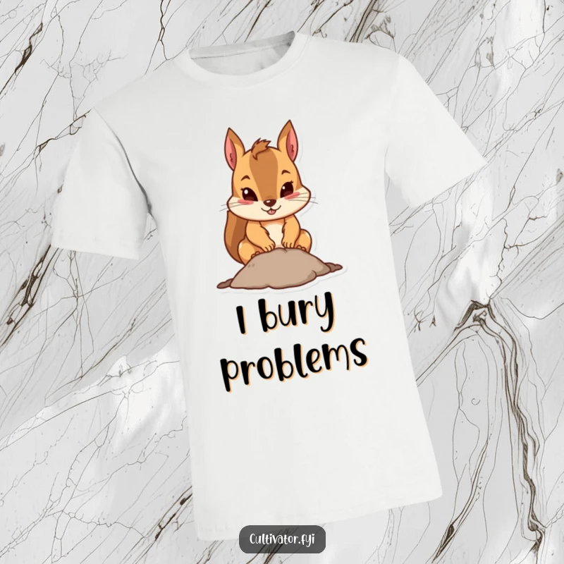 Funny squirrel t-shirt depicting a determined squirrel enthusiastically digging a hole, showcasing its focused and funny personality.