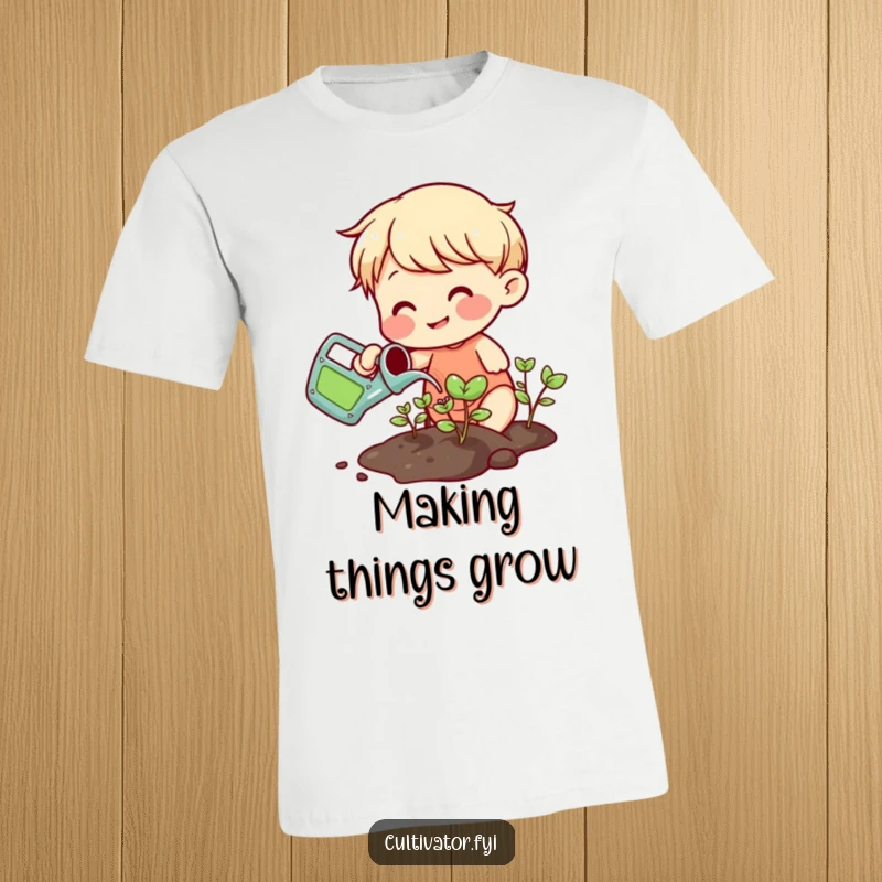 Funny smiling character watering sprouts with a small colorful watering can t-shirt, showing tender plant care.