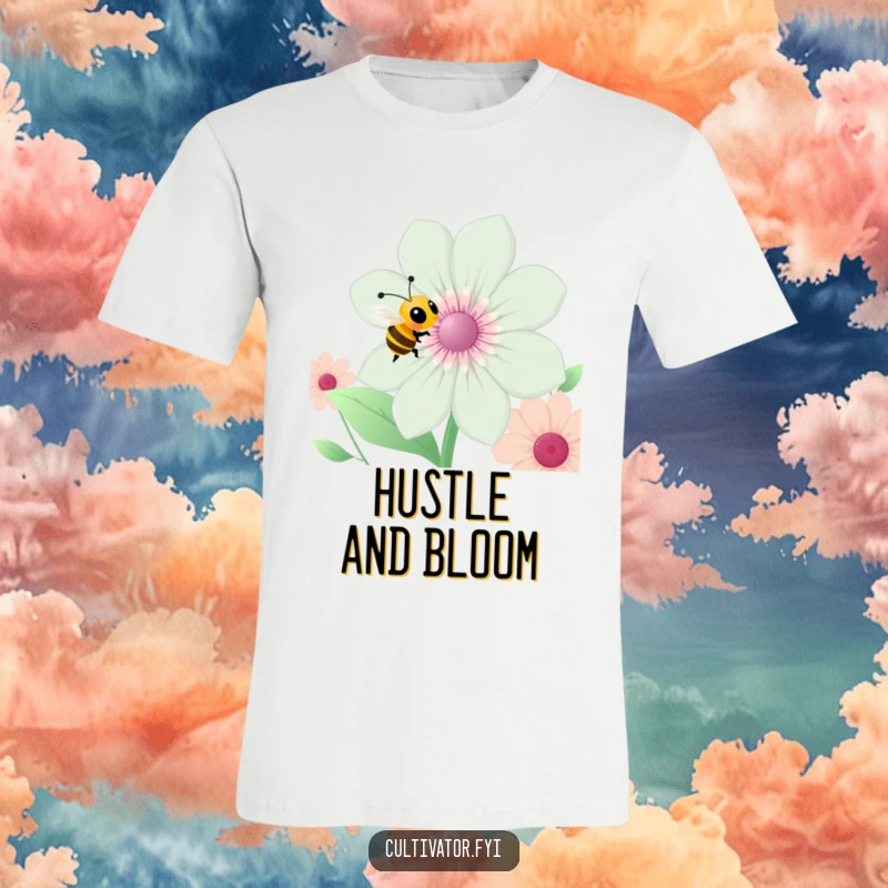Funny bee t-shirt, a happy bee flying near a big flower, humorous entomology art, vibrant and funny design, excellent funny gift.