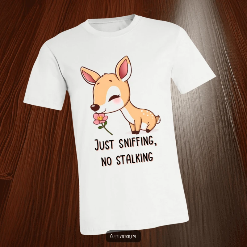 Funny deer t-shirt, a contented deer with eyes closed, sniffing a vibrant flower, humorous wildlife art, excellent funny gift.
