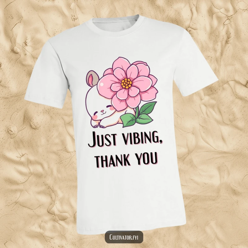 Funny t-shirt showcasing a content animal character lounging serenely next to a bright, blooming flower, radiating peaceful vibes.