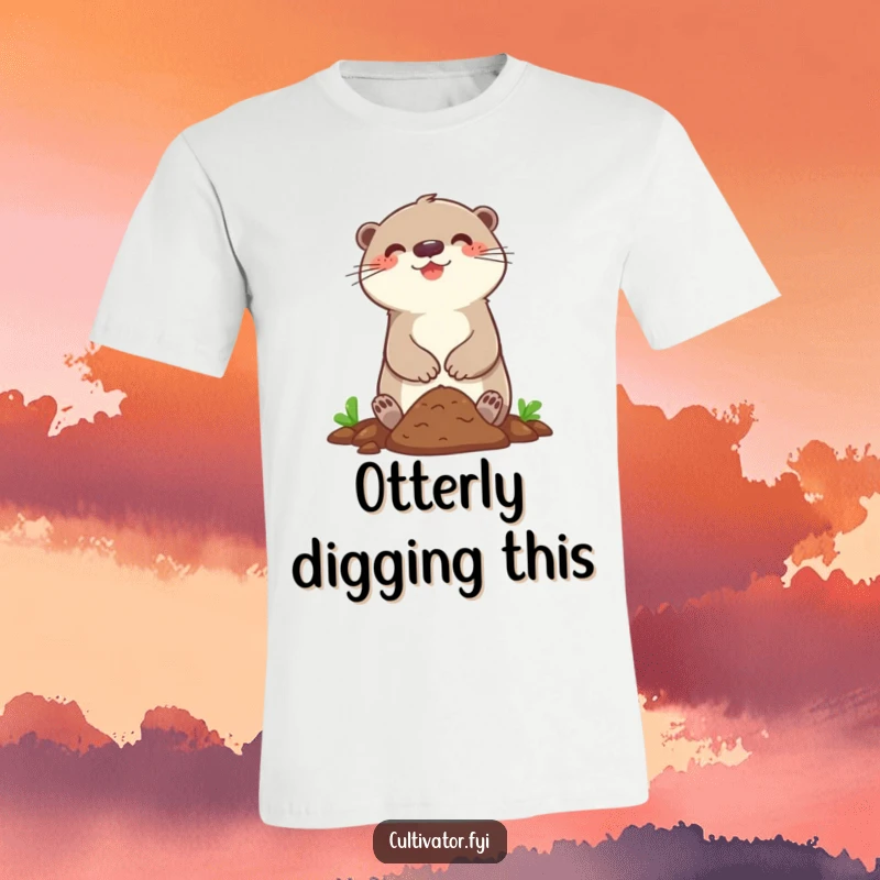 Funny t-shirt depicting a happy otter character enthusiastically digging in a small patch of soil.