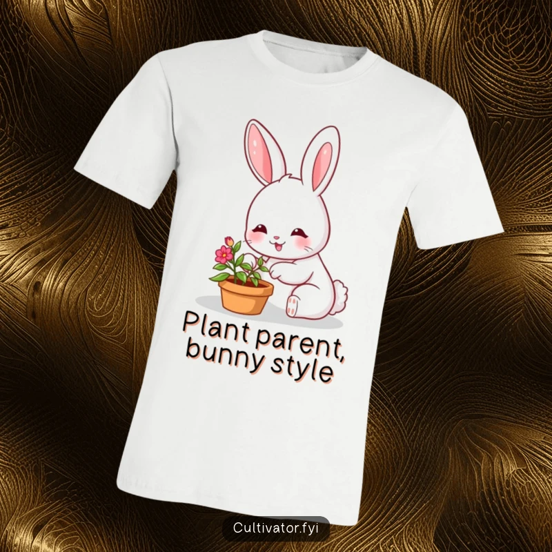 Funny t-shirt depicting a smiling bunny character happily caring for a tiny, vibrant potted plant.