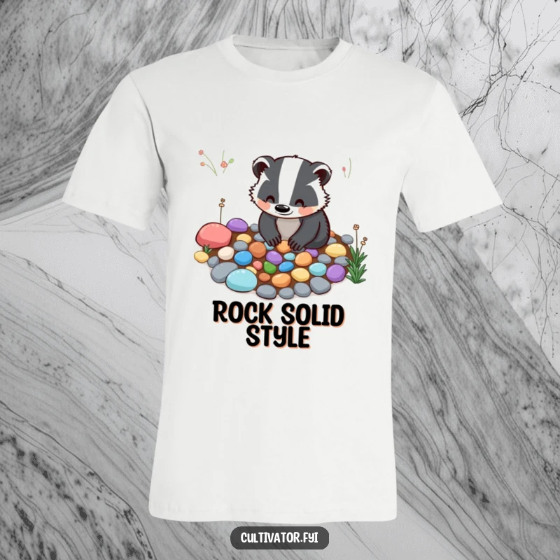 Funny T-Shirt: A smiling badger diligently arranges colorful pebbles, creating a picturesque garden path with gentle focus.