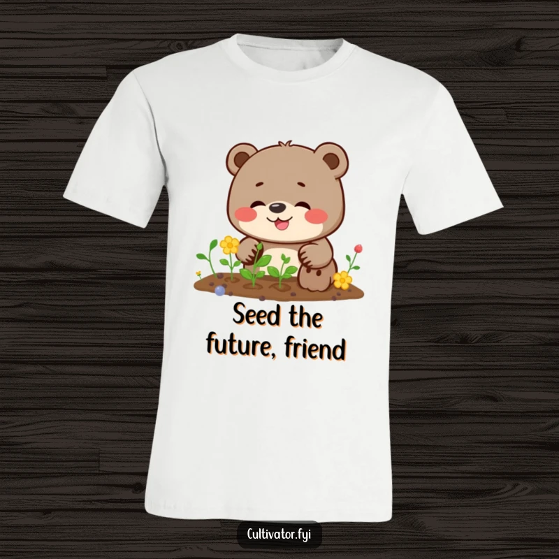 Funny bear t-shirt featuring a giggling bear with a focused expression, planting seeds with great determination and care.