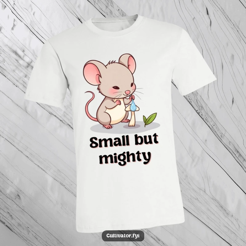 Funny Mouse T-Shirt: Determined mouse using a dropper to carefully water a tiny mushroom.