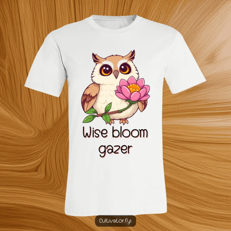 Funny joyful owl t-shirt, observing a vibrant flower bloom with wide eyes, expressing amazement and the beauty of discovery.
