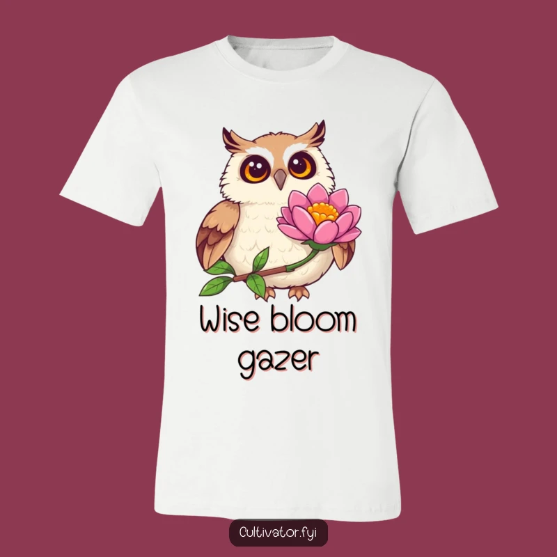 Funny Joyful Owl Observing Flower T-Shirt - Whimsical Nature Apparel