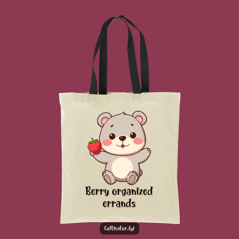 Funny Bear Berry Tote Bag: Playful Character Proudly Presents a Perfect Berry