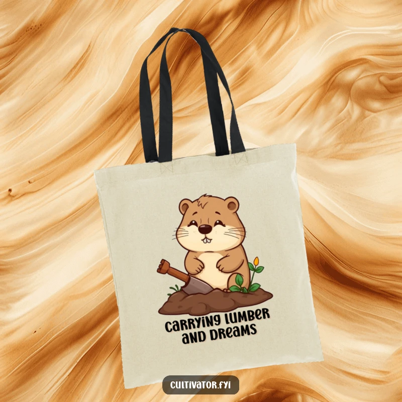 Funny beaver tote bag featuring a diligent beaver digging a garden bed with a determined expression, a practical funny gift.