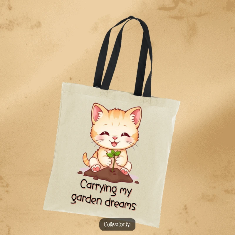 Funny smiling kitten planting a seed on a tote bag, perfect for gardeners with cute and humorous flair.