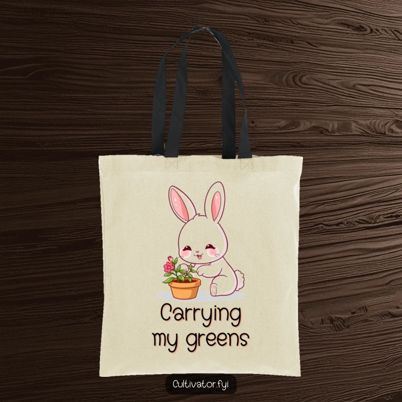 Funny tote bag featuring a smiling bunny character happily tending a small, vibrant potted plant, perfect for carrying essentials.