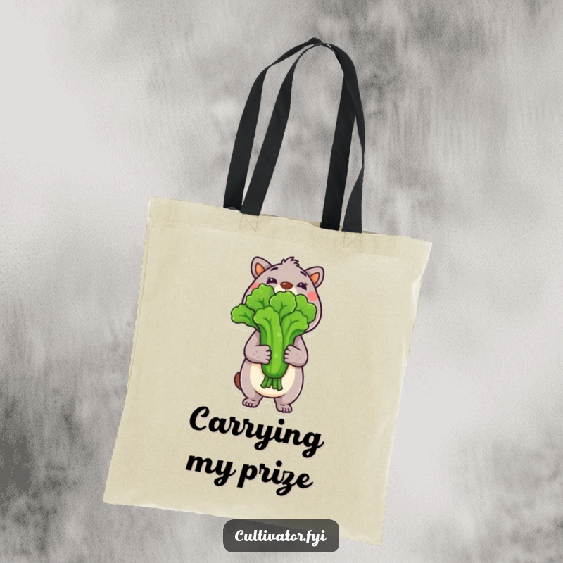 Funny Tote Bag with an animal character proudly holding a freshly picked vegetable, perfect for carrying groceries or garden supplies.