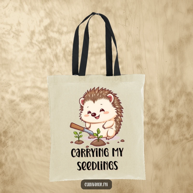 Funny hedgehog tote bag, a hedgehog planting a seed with a trowel, durable and stylish, showcasing garden humor, great funny gift.