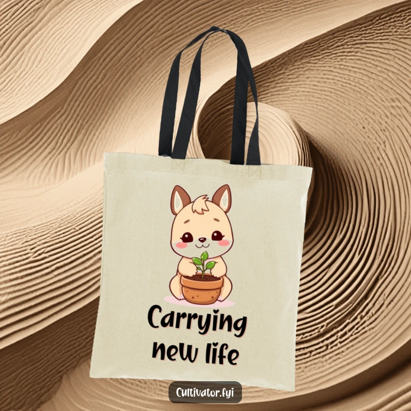 Funny tote bag with a smiling animal character happily planting a tiny seedling in a pot, great for errands.