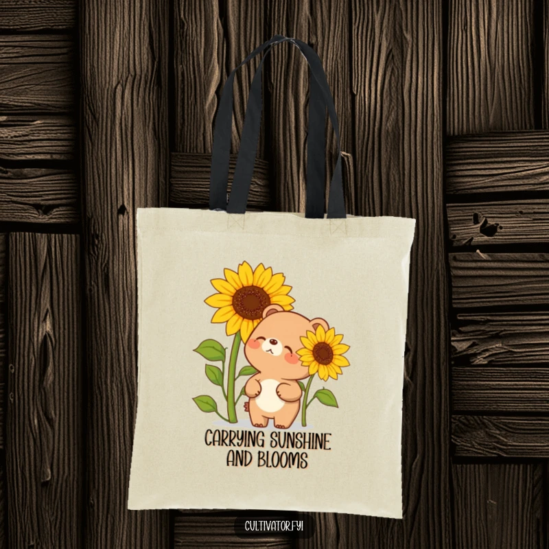 Funny tote bag showcasing a delighted cartoon bear giggling at a huge sunflower, perfect for carrying groceries or daily essentials with humor.