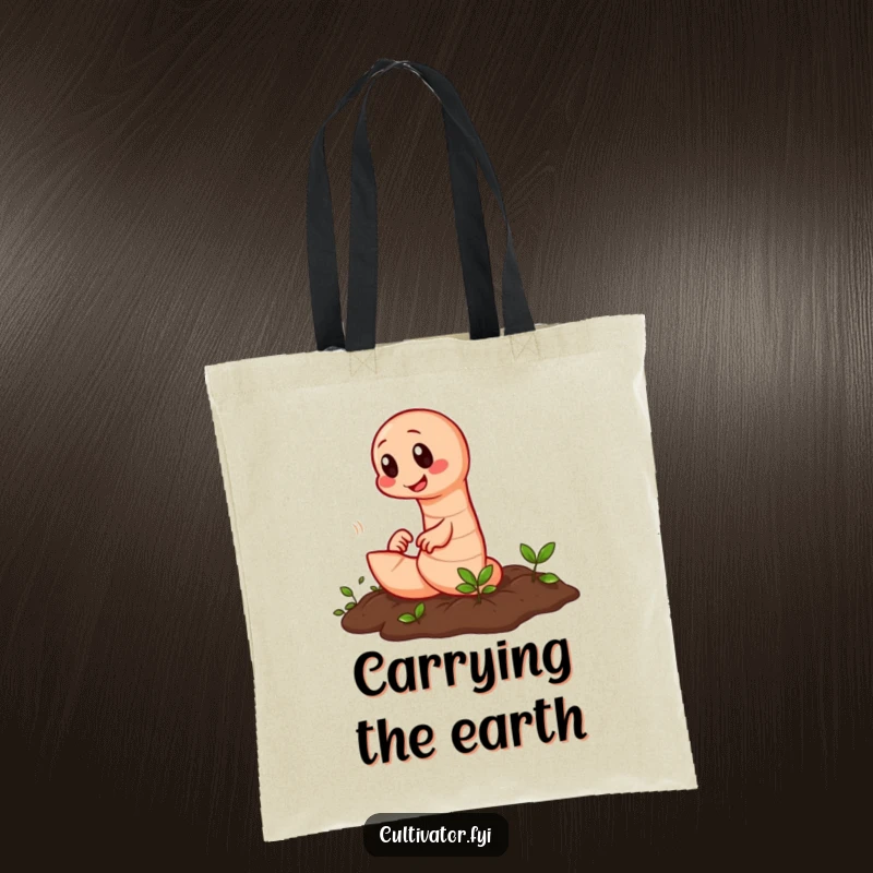 Funny earthworm tote bag featuring a diligent worm rapidly tilling soil, a practical and humorous accessory.