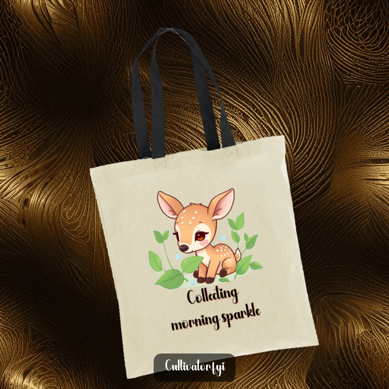 Funny tote bag showcasing a focused deer character carefully collecting sparkling dew drops from leaves, perfect for carrying items with grace.