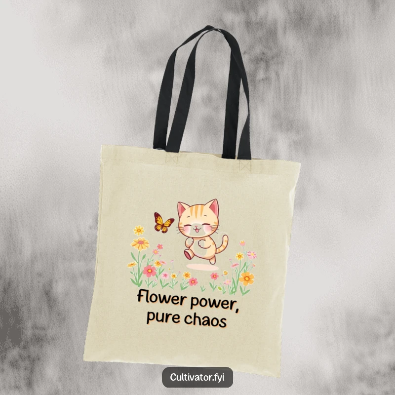 Funny tote bag showcasing an energetic cat playfully chasing a butterfly amidst a sea of colorful, blooming flowers, great for shopping.