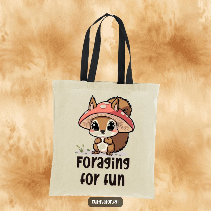 Funny tote bag, curious squirrel examining a large mushroom cap with wide eyes, humorous and practical.