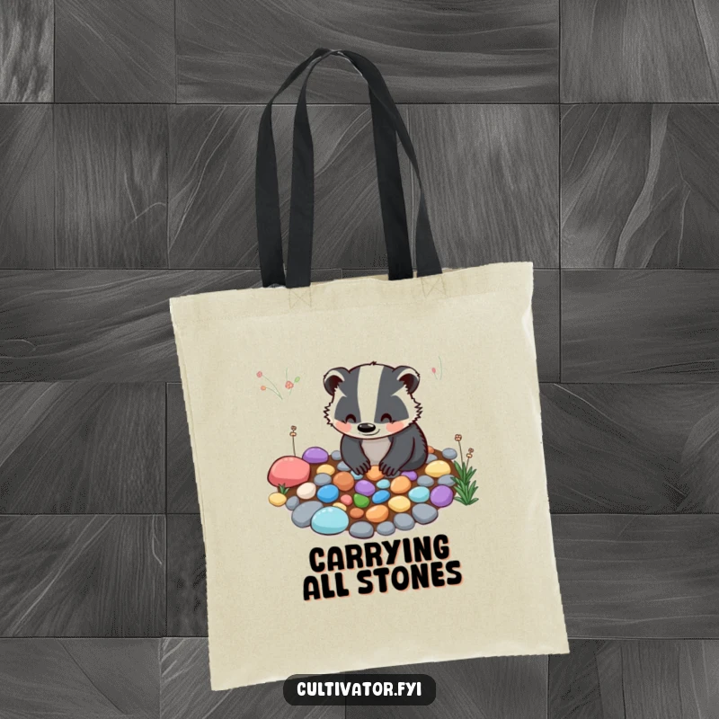 Funny Tote Bag: A smiling badger meticulously arranges colorful pebbles for a garden path, perfect for carrying essentials with charm.