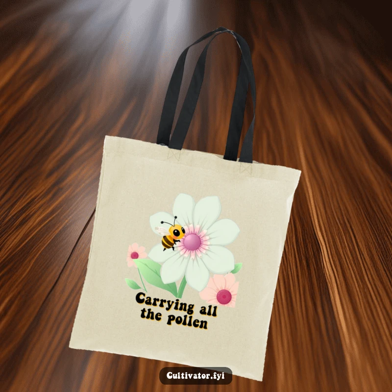 Funny bee tote bag, a happy buzzing bee near a flower, durable and stylish, showcasing garden humor, great funny gift.