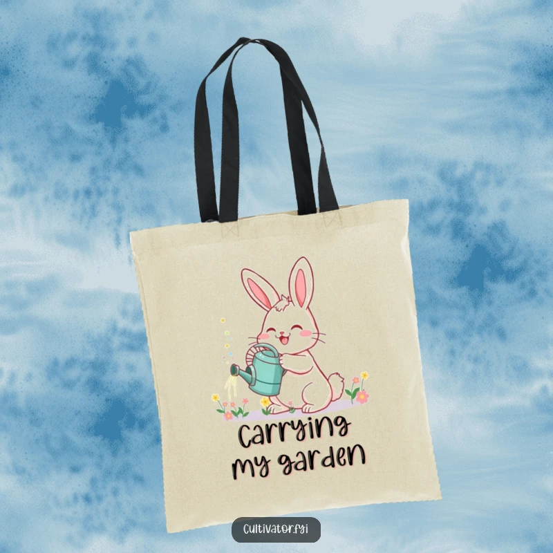 Funny Bunny Tote Bag: A cheerful bunny with a watering can sprinkles tiny flowers, perfect for daily use.
