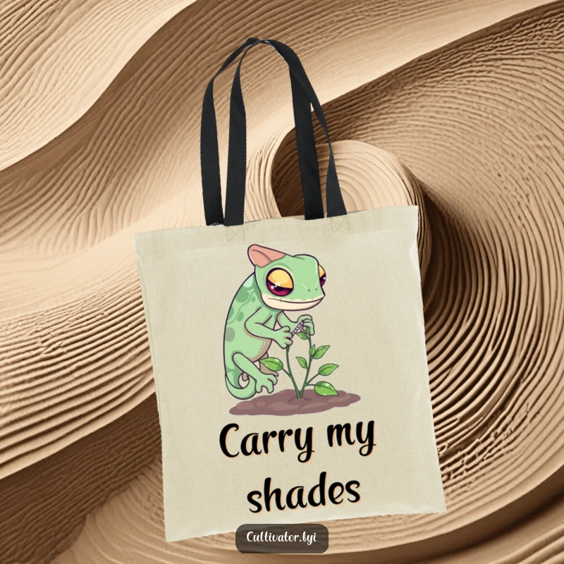 Funny chameleon tote bag featuring a curious reptile carefully measuring a tiny vine's growth, a thoughtful accessory.