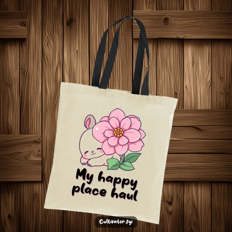 Funny tote bag with a content animal character lounging beside a vibrant, blooming flower, ideal for stylish, humorous shopping.