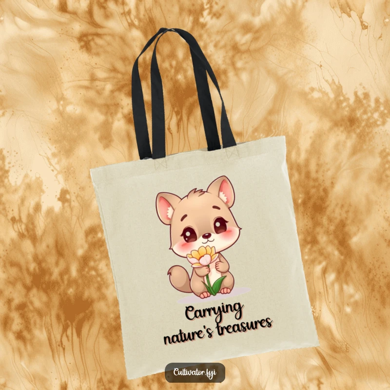 Funny Tote Bag depicting a curious animal character mesmerized by a blooming flower, showcasing a love for nature and whimsy.