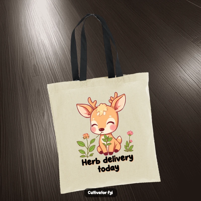 Funny Deer Tote Bag: Beaming deer savoring a herb's scent with closed eyes, a chic and humorous carry-all.