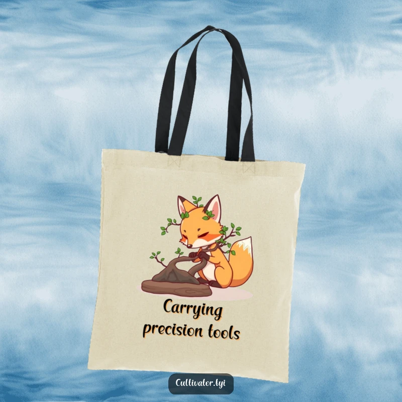 Funny determined fox carefully pruning a miniature bonsai tree tote bag, functional and full of focused artistry.