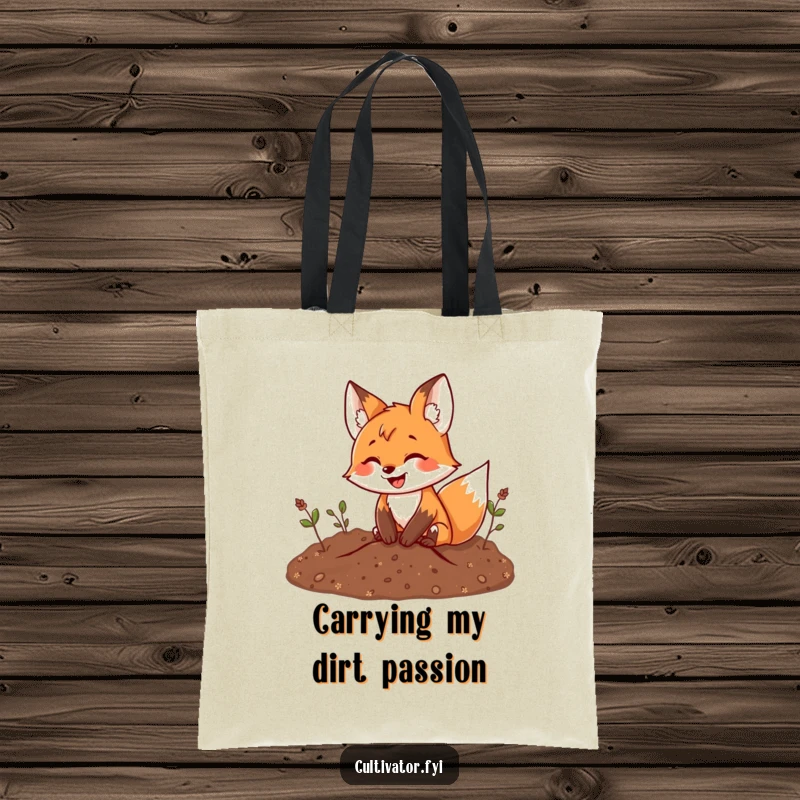 Funny fox tote bag illustrating a happy fox digging enthusiastically in the dirt, showcasing a love for gardening and fun.