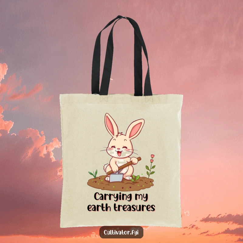 Funny bunny tote bag, happily tilling a small garden patch with a trowel, ideal for carrying groceries with a touch of mirth.