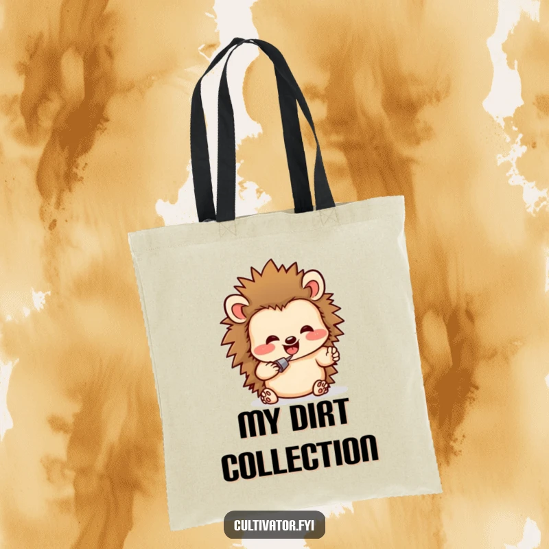 Funny tote bag featuring a delighted hedgehog character humorously digging in rich soil, perfect for a funny shopping trip or garden haul.